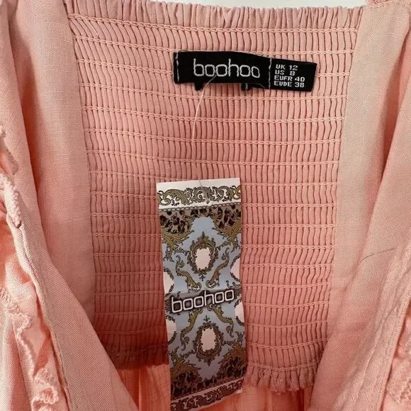 BooHoo Dress Pink Ruffle Sun Dress Smocked Womens Size 8 Knee Length Preppy NEW - Picture 8 of 10